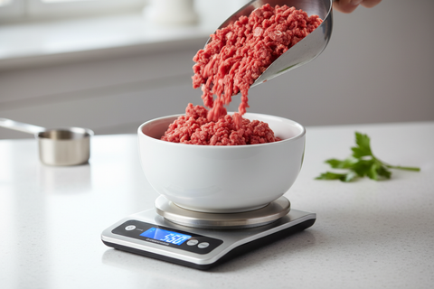 Barf (hackfleisch) wird in weißen napf gefüllt, der auf einer waage steht