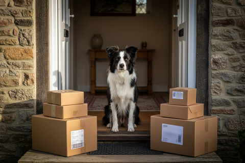 Border Collie sitzt in der offenen Haustür, davor stehen ein paar Pakte