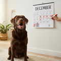 Dunkelbrauner Labrador schaut frontal auf Kalender an der Wand. Mensch macht ein rotes x an beliebigem Tag. Hund freut sich, helles Wohnzimmer, Alltagssituation