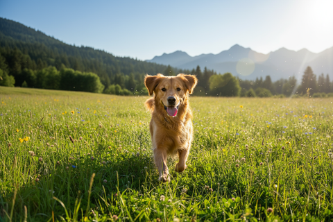 ein vitaler glücklicher Hund rennt durch die Wiese