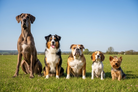 Fünf verschiedene Hunde, unterschiedlicher Rasse und Größe sitzen nebeneinander auf einer Wiese