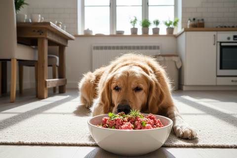 hund liegt vor einem weißen Napf mit BARF das aussieht wie Hackfleisch und geschnittene Kräuter drauf in einer hellen wohnlichen Küche