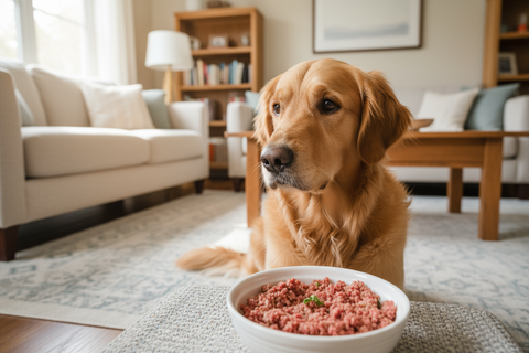 Hund sitzt vor einem weißen napf gefüllt mit gewolftem Barf im wohnzimmer