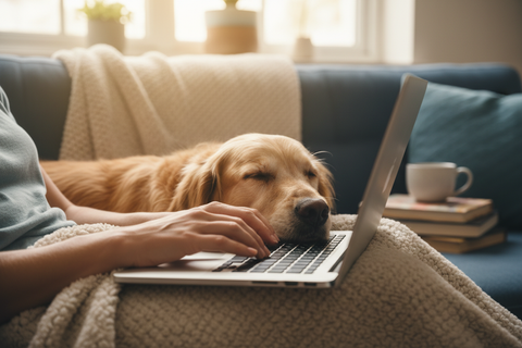 mensch am laptop auf dem sofa sitzend, man sieht nur den ausschnitt der hände, die am laptop sind. der hund legt seinen kopf gaanz entspannt auf den mensch ab